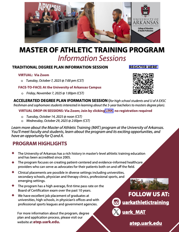 Click for PDF of flyer for Info Sessions on Athletic Training master's program
