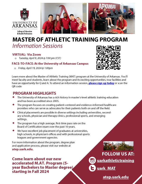 Click for PDF of flyer for Info Sessions on Athletic Training master's program